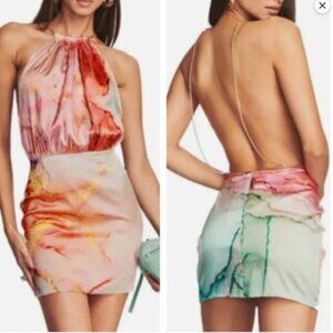 Retrofete Halter Neck Silk marble Watercolor Mini Dress tie dye Gracie L